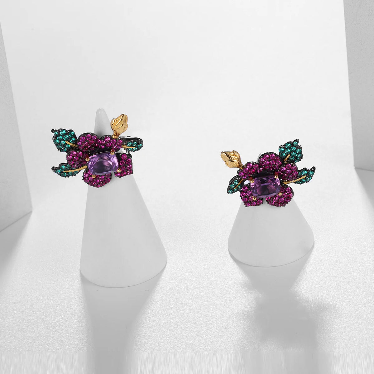 REDheart TIANSHE Design High-end Jewelry S925 Pure Silver Flower Brooch Pendant Natural Amethyst Ring Earrings Set