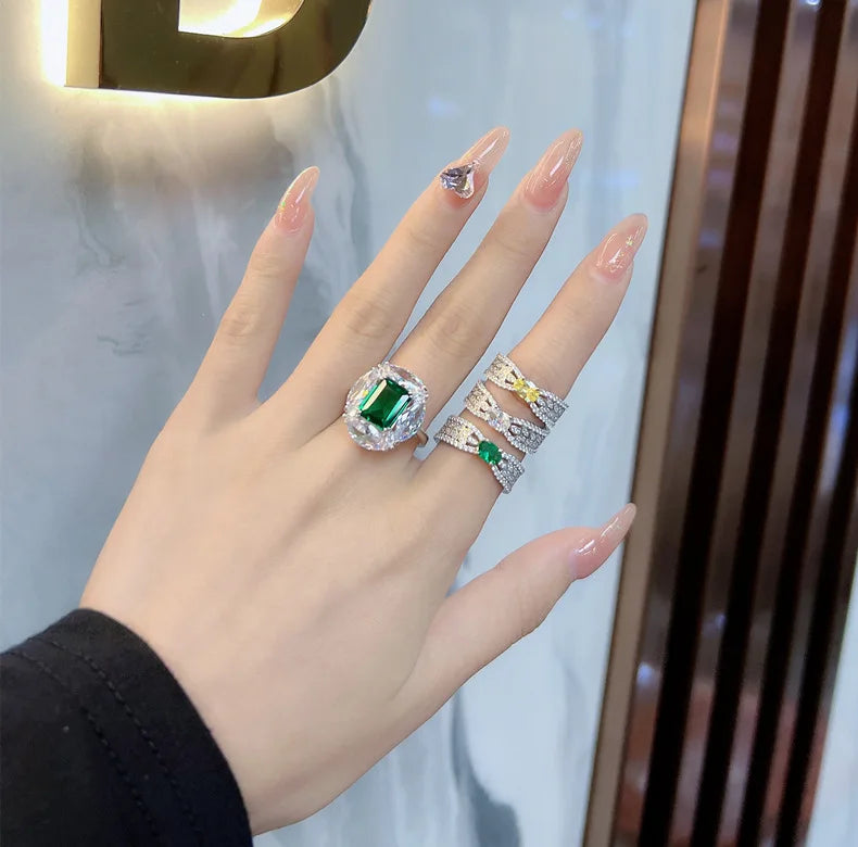 MuShan Jewelry Factory 8 * 10 Emerald S925 Pure Silver High Carbon Diamond Ring Women Hot Selling Platinum Large Diamond Ring