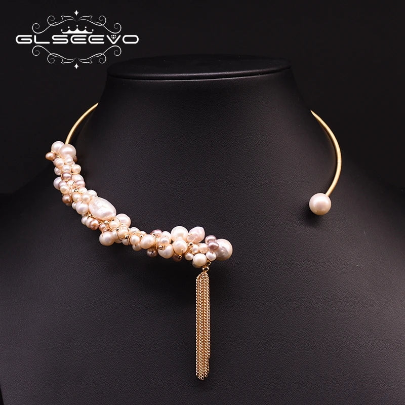 Natural Freshwater Pearl Tassel Choker Necklace for Women  Luxury Handmade Gold Plated Jewelry Custom Necklace