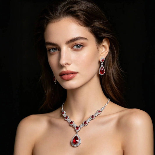 XM S376 Silver Plated Princess Cut Zircon Floral Teardrop Pendant Necklace & Drop Earrings Set