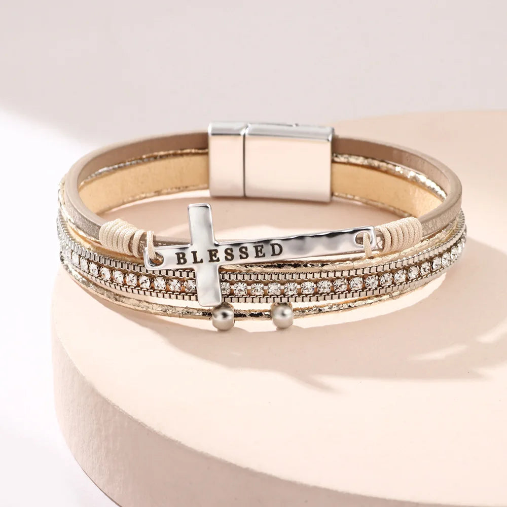 FASHIONISTA Women's Bohemian Cross Charm Bracelet Alloy Micro Diamond Channel Set Magnetic Buckle Customizable Light Luxury Okp