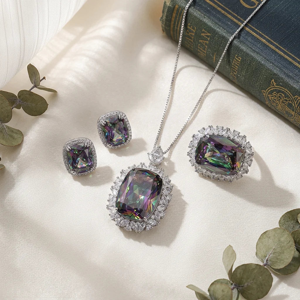 S&S Gold Plated Vintage Zircon Jewellery Set – Pendant, Ring & Earrings – Cushion Cut – Collection