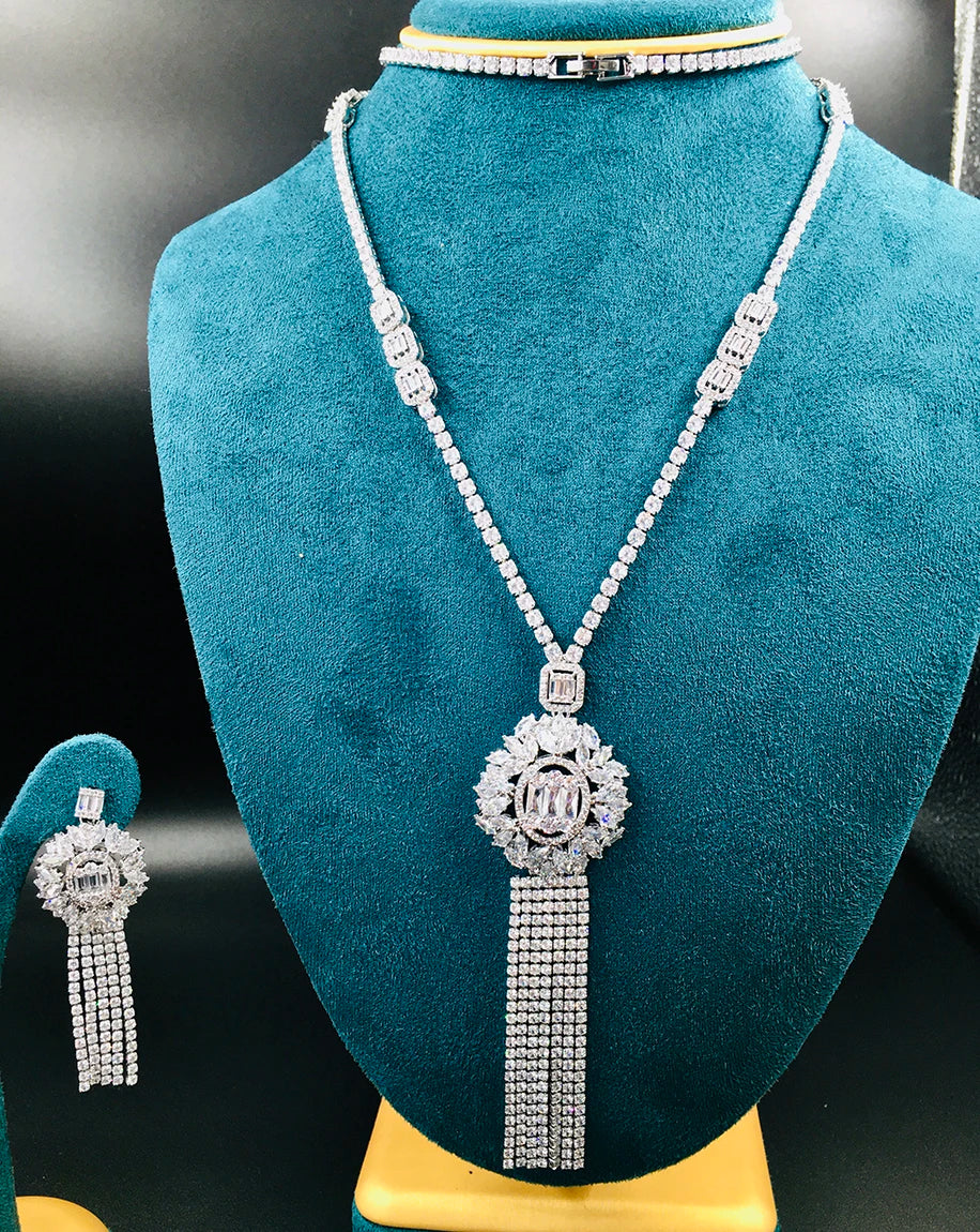 UAE 2PCS Luxury Long Tassel Jewelry Set for Women Wedding Cubic Zircon CZ African Dubai Bridal Jewelry
