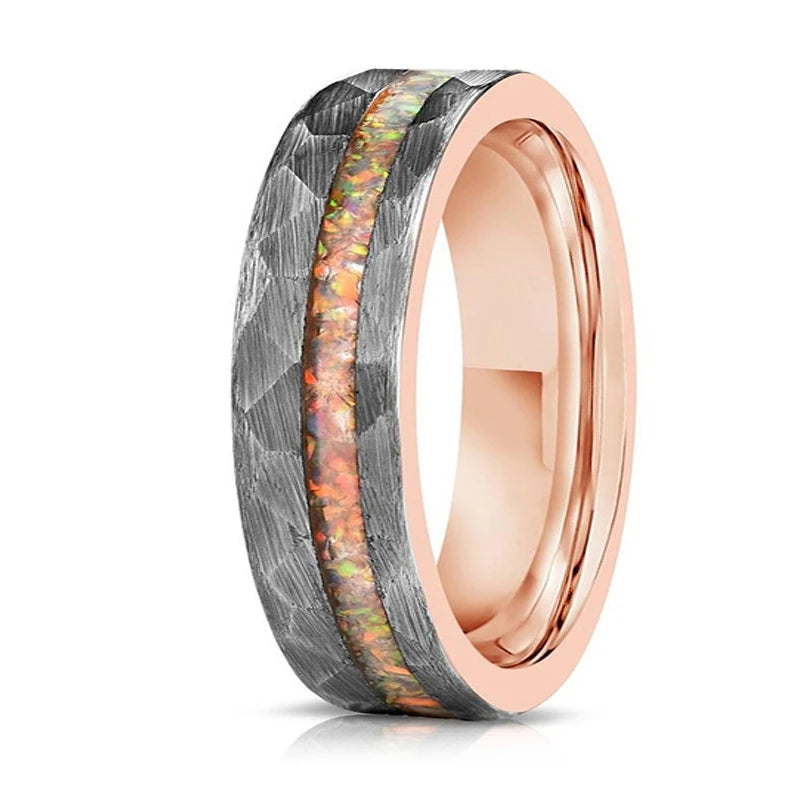 OAHLAN 6mm Fashion Jewelry Hammered Tungsten Carbide Ring Crushed Opal Inlay Rose Gold Plated Women Men Engagement Wedding Band