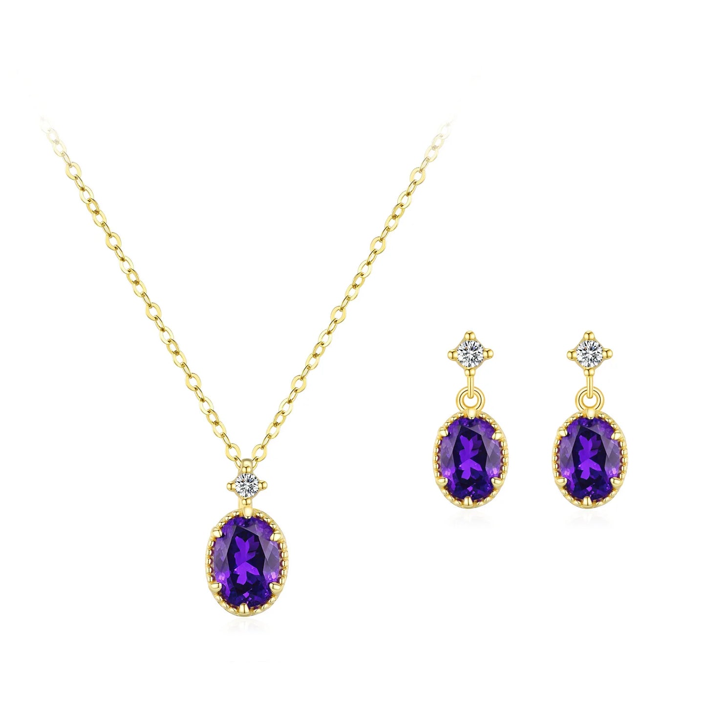 925 Sterling Silver Goose Egg Shaped Purple Necklace Earrings Vintage Style Gold Jewelry Set Gift Set