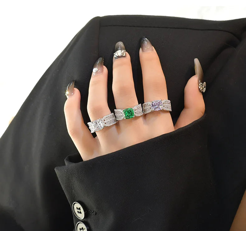 MuShan Jewelry Factory 8 * 8 Fat Square Simulated Emerald Diamond Ring with High Carbon Diamond 925 Silver Ring Redion Cut