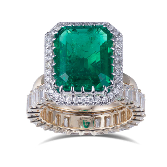 Messi Gems 18k Yellow Gold 10ct Lab Emerald Emerald Cut Moissnaite  Diamond Ring Set