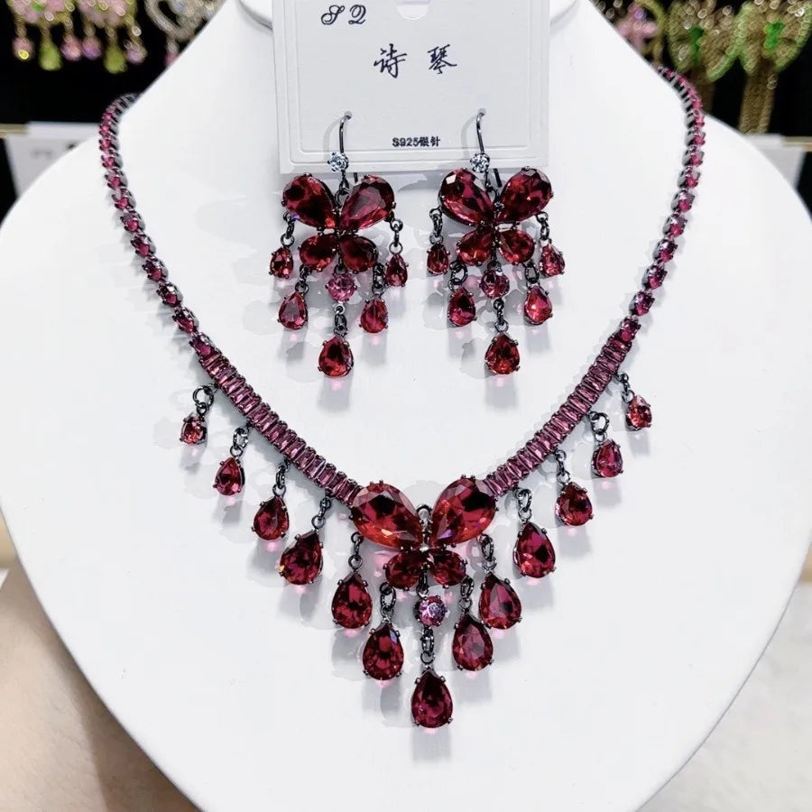 K082 Women Trendy Luxurious Tassel Red Zircon Butterfly Bridal Necklace Earrings Set Wedding Elegant Jewelry Set