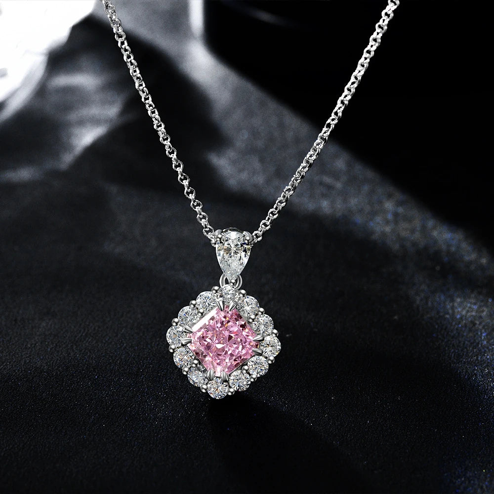 MUSHAN Jewelry Factory Cross Border Bestseller 925 Sterling Silver 2 Carat Square Padma Red 7*7 Necklace 40+5cm