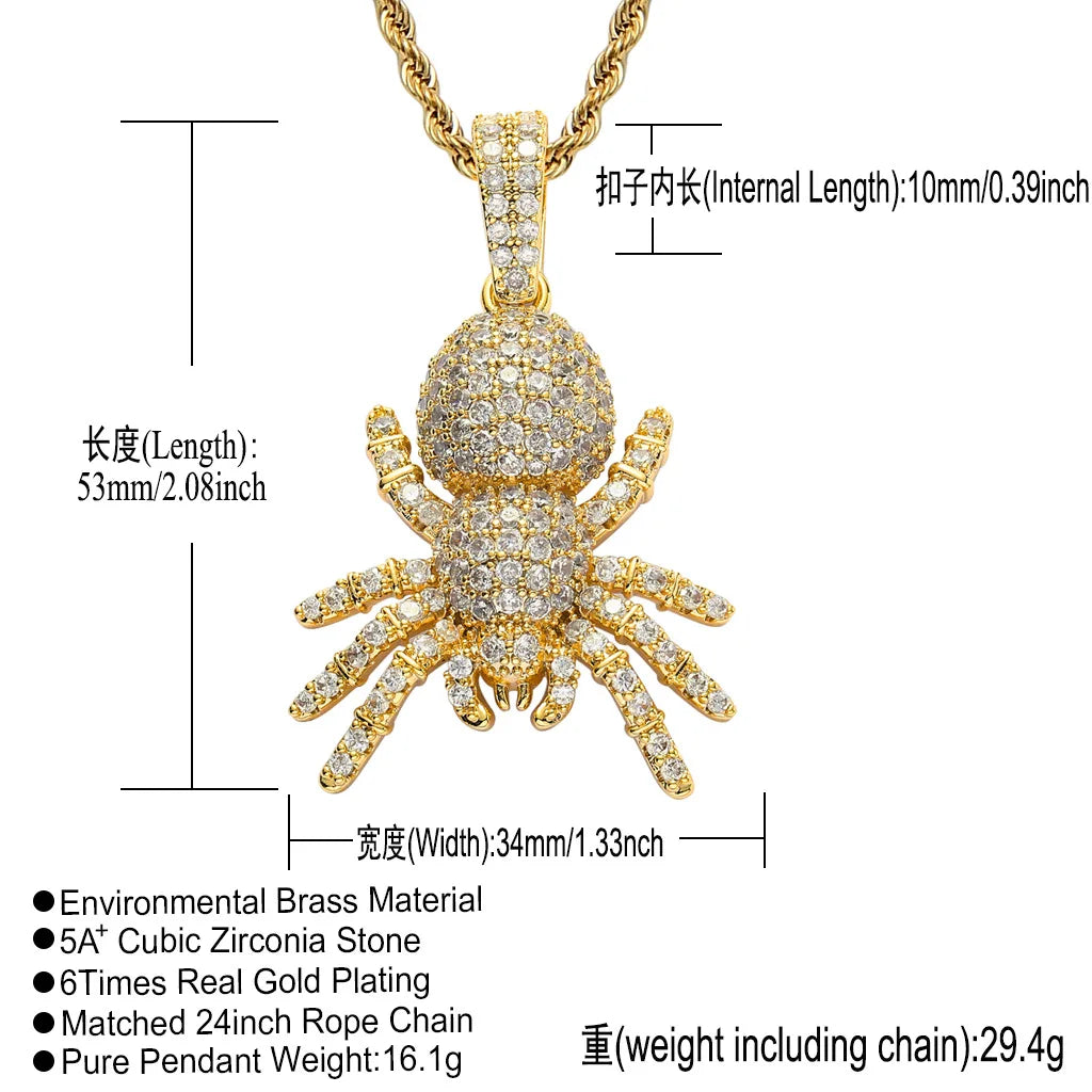 BES Animal Spider Pendant Necklace Hip Hop Iced Out Spider Cubic Zirconia Pendants Silver Color Plated Hip Hop Jewelry