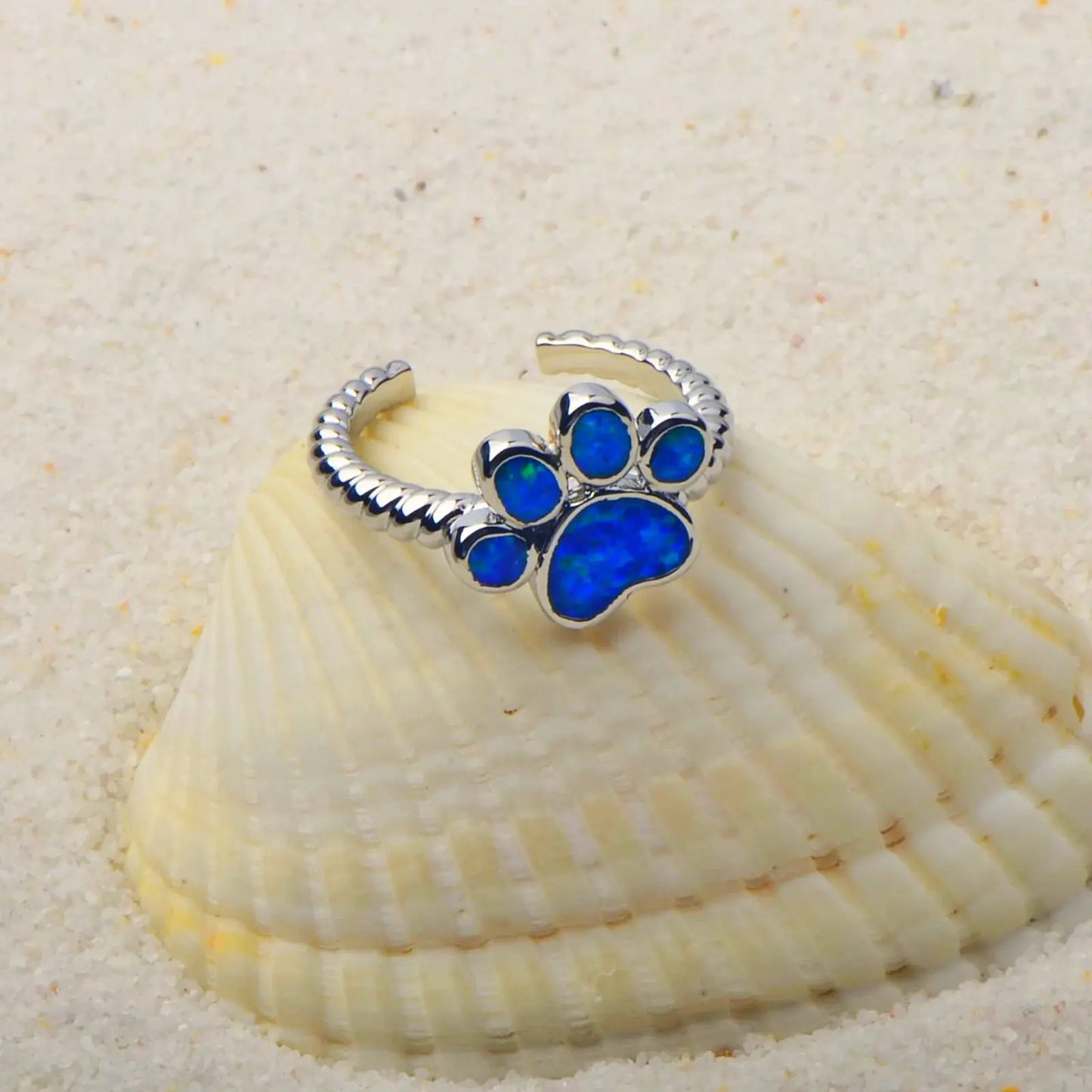 Cute Paw Print Blue Opal Open Ring | Iridescent Gem Inlay  Band | Adorable Pet-Themed Jewelry for Women Trendy Style