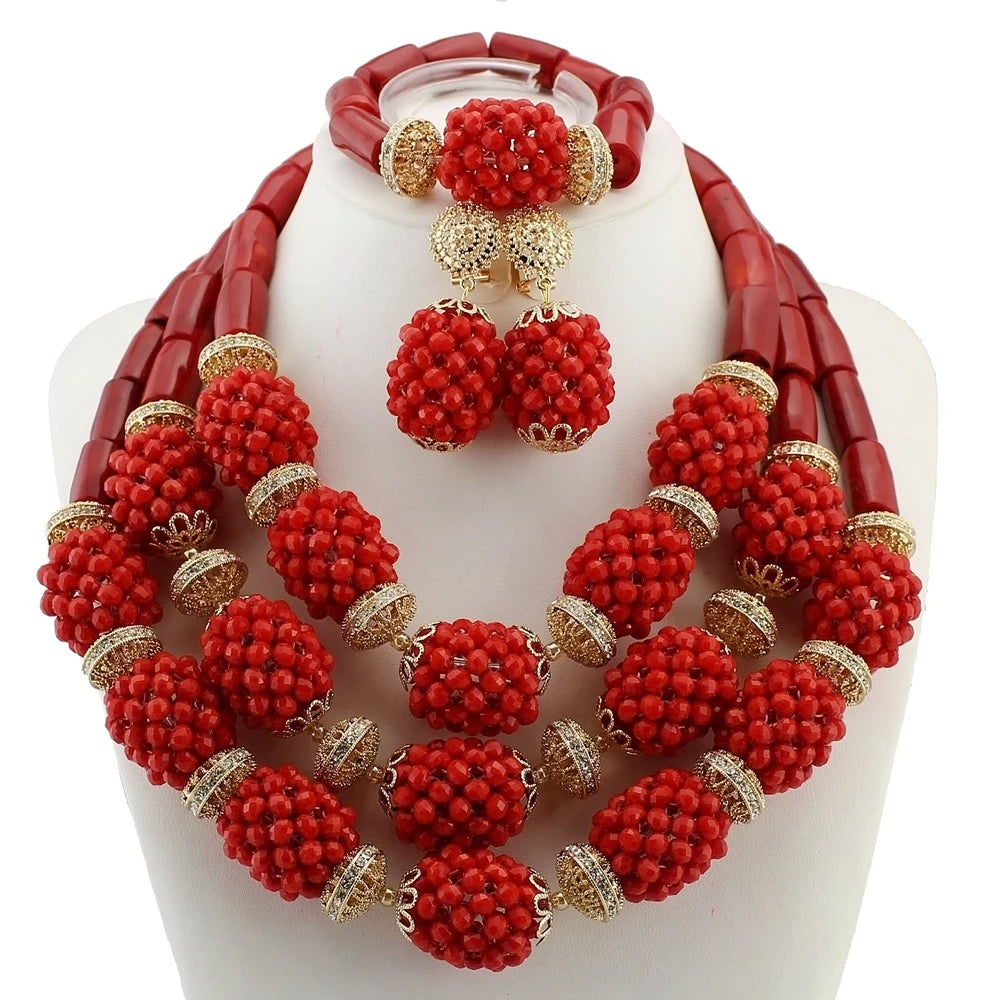 Zhuerrui Handmade Woven Beaded Jewelry Bohemian Style Red Necklace Set Wedding Party Jewelry Set YL001