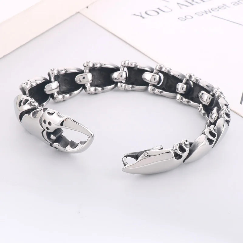 REBEL 225mm Men Punk Silver/Oxidized Black Stainless Steel Crab Claw Links Bracelets