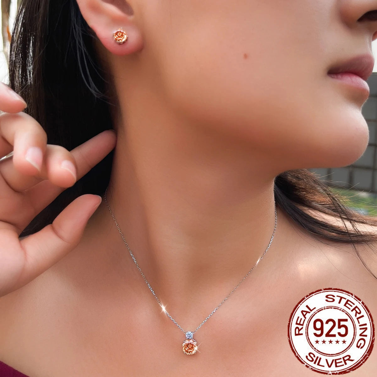 S&S 925 Sterling Silver Champagne Rose-Cut CZ Fine Jewellery Set – Necklace & Earrings – Collection