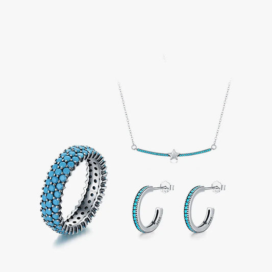 S&S Turquoise 925 Silver Jewellery Set | Rhodium Plated Necklace, Bracelet & Ring | S&S Collection