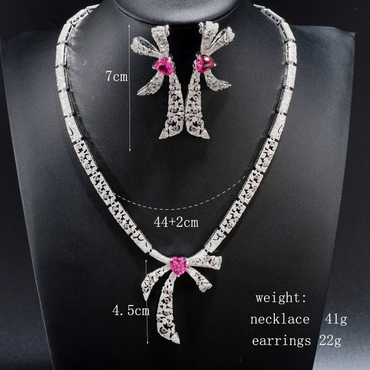 Bella Viva Luxury Pink Heart Bow Necklace & Earring Set, Platinum Plated Brass & Cubic Zirconia, for Bridal & Gift & Party