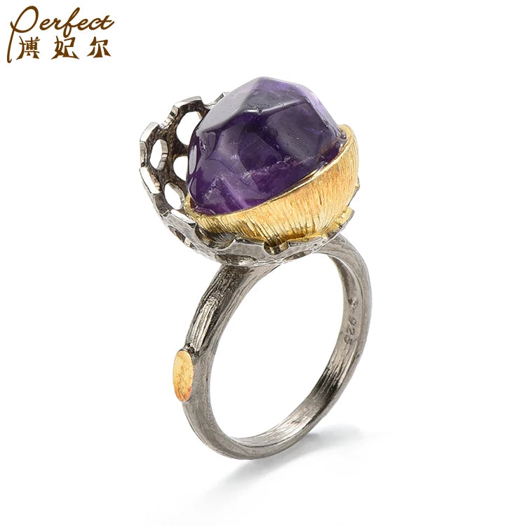 ODM Custom Handmade Creative Amethyst Jewelry Silver Ring Designs for Women