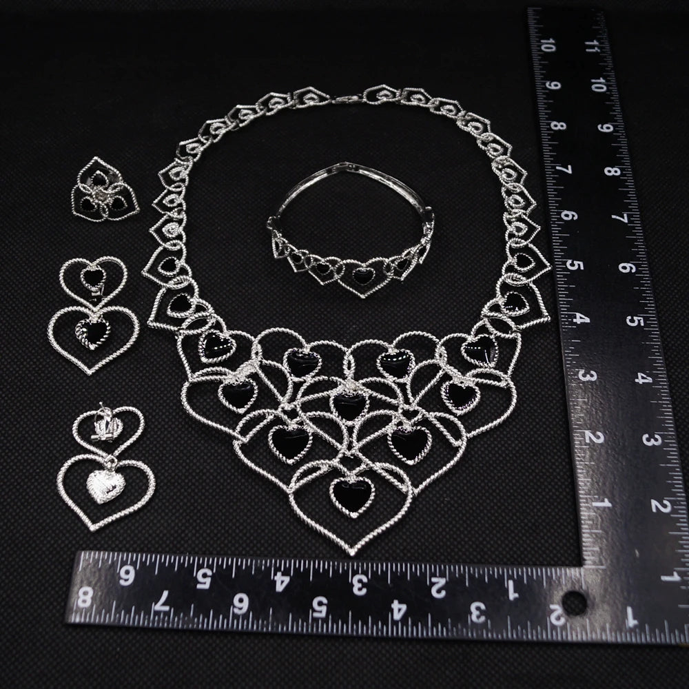 Zhuerrui Romantic Heart Design Jewelry Set Black Stone Crystal Inlaid White Gold Necklace Set for Wedding Banquet I005520-2
