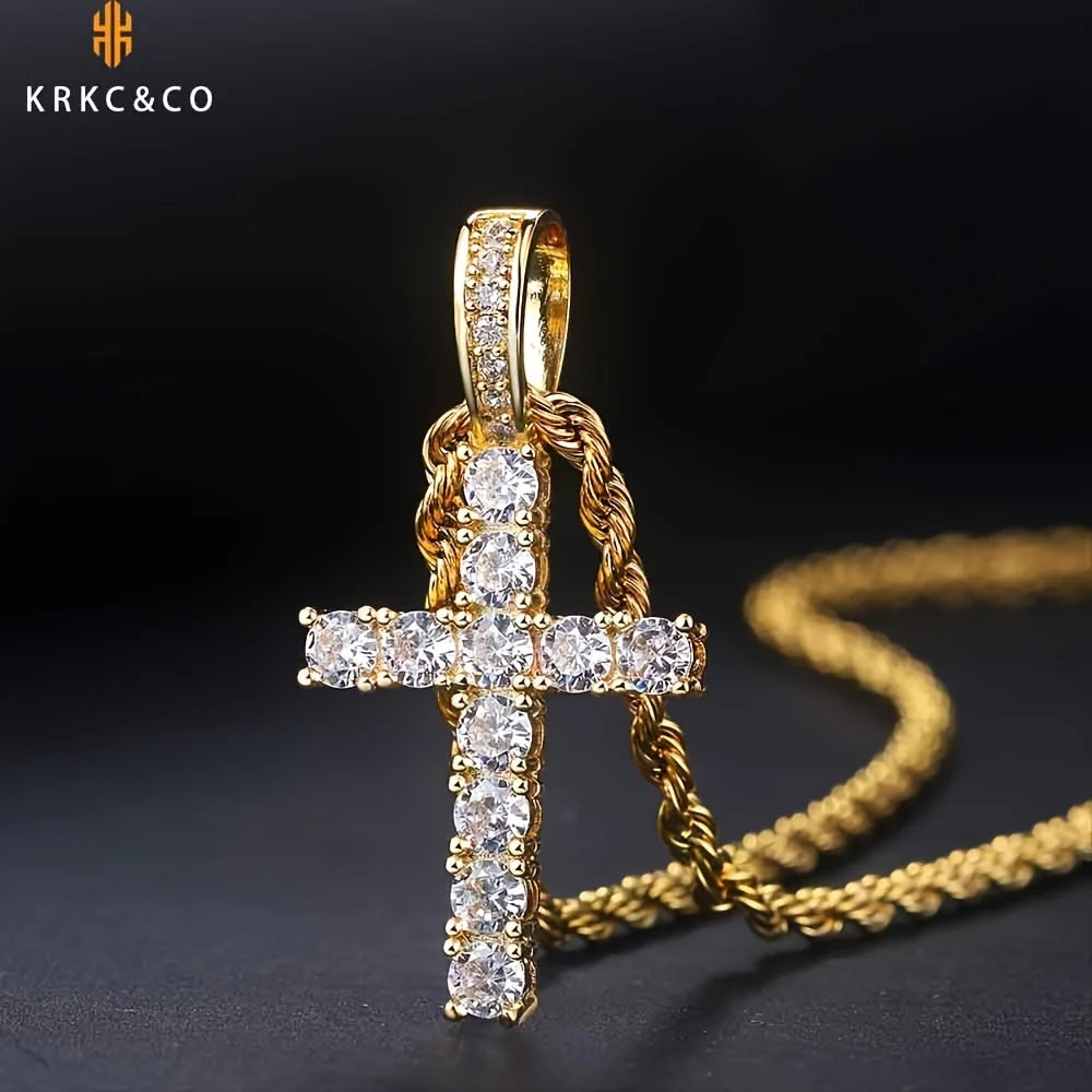 Hotsell Cross Religion Jewelry Charms CZ Rope Chain Women Hiphop 14K 18K Gold Cubic Zirconia Iris Cross Pendant Necklace for Men