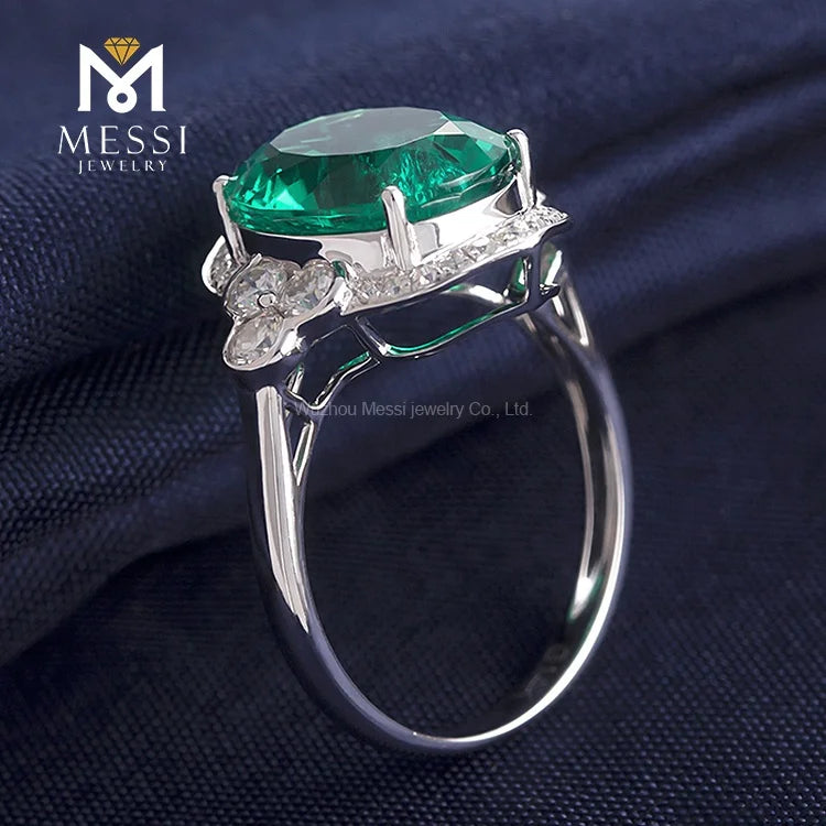 Gemfiori Messi Jewelry Antique Rings Emerald and Moissanite 14k 18k White Gold Jewelry for Woman Engagement Wedding halo Ring