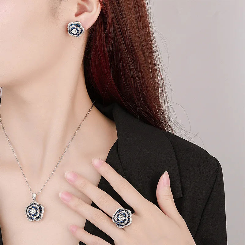 Gemfiori French Retro Exquisite Sparkling Three-dimensional Blue Camellia Pendant Ring Earrings Light Luxury Elegant Set