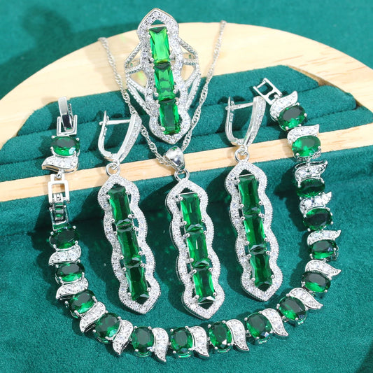 925 Silver Jewelry Set for Women Luxurious Long Earrings Necklace Pendant for Wedding Parties Gifts Green Zircon Style-Classic