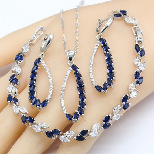 Silver Jewelry Set for Women Blue White Crystal Earrings Necklace Pendant for Wedding Parties Gifts Engagements Featuring Zircon