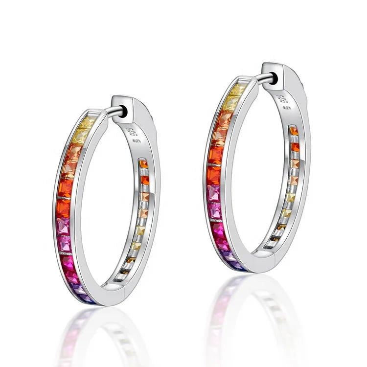 ArtistA Fashion Rainbow Jewelry Custom CZ 925 Sterling Silver Rhodium Plated Rainbow Color Cubic Zirconia Hoop Huggie Earrings for Women