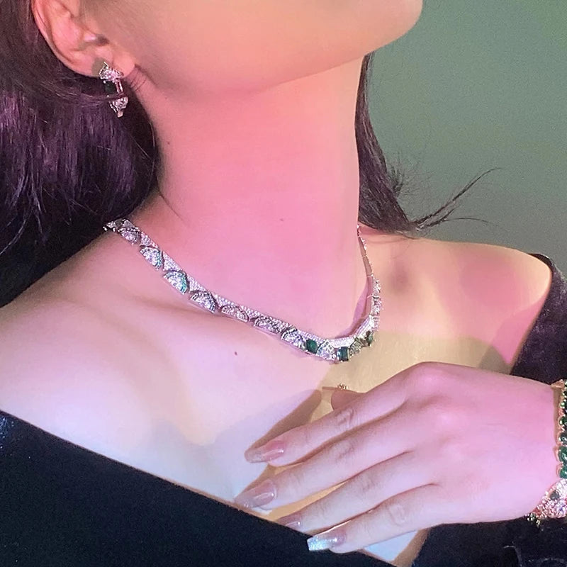 High-grade Jewelry Manufacturer Green High-end Dress Suit Brass Plated Women's Clavicle Chain Dinner Set Earrings Jewelry