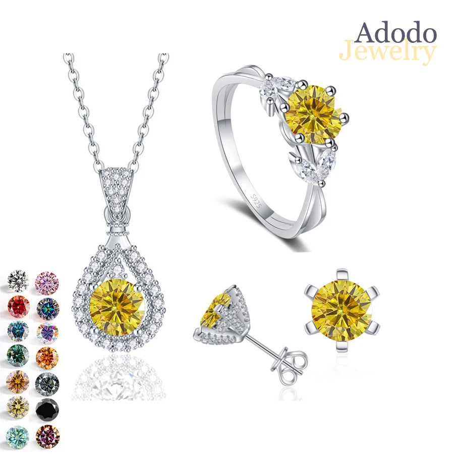 REDheart Fine 925 Sterling Silver Women's Wedding Bridal Jewellery Set Round Cut VVS Colored Moissanite Rings Necklace and Earrings Set