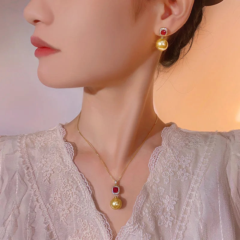 Gemfiori High Quality Luxury Jewelrygolden Pearl Pendant High-end Set for Brides,wedding Rings and Holiday Gifts