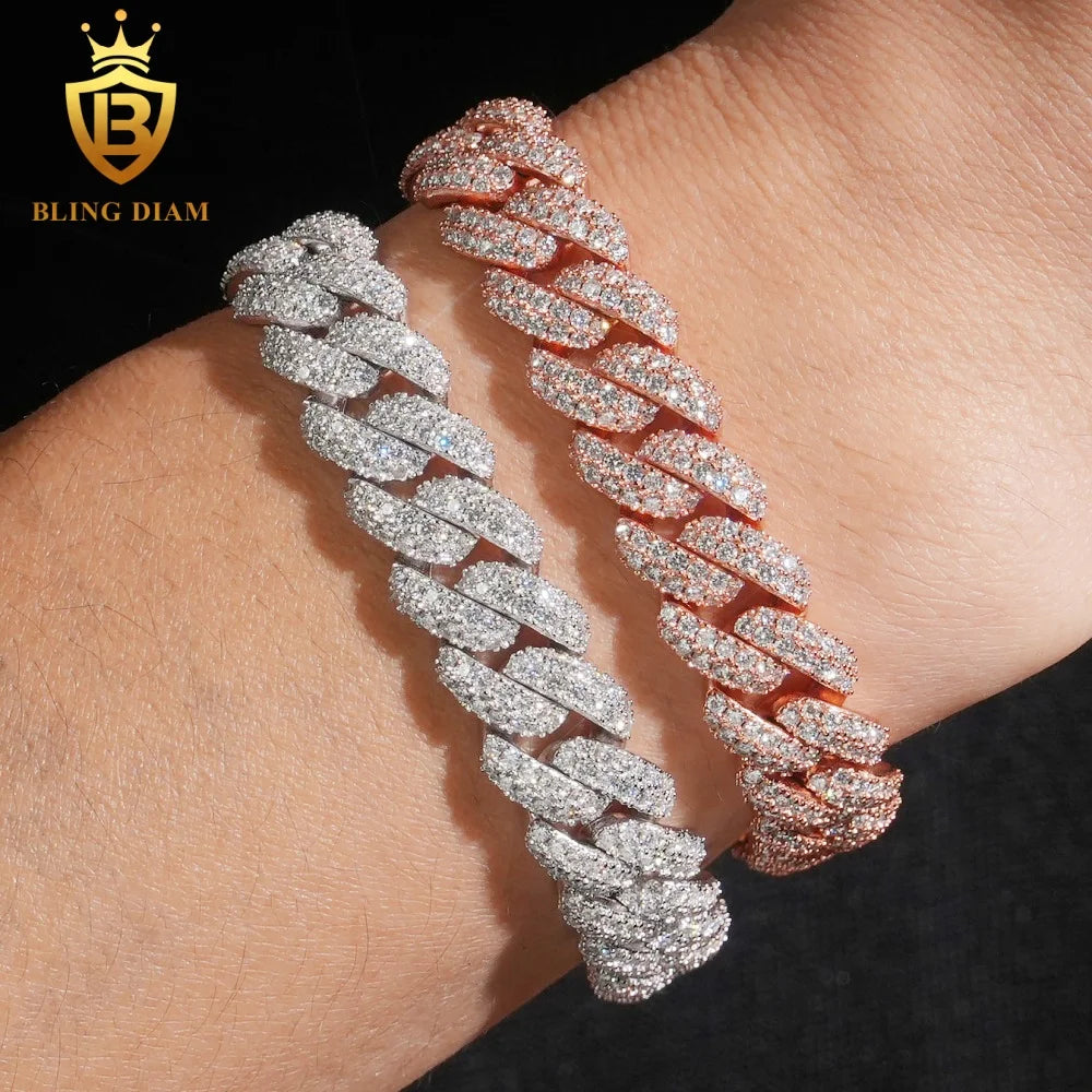 Rapper Hip Hop Mossanite Jewelry 3 Styles 10mm 13mm 925 Sterling Silver  VVS Moissanite Iced Out Cuban Link Bracelet for Mens