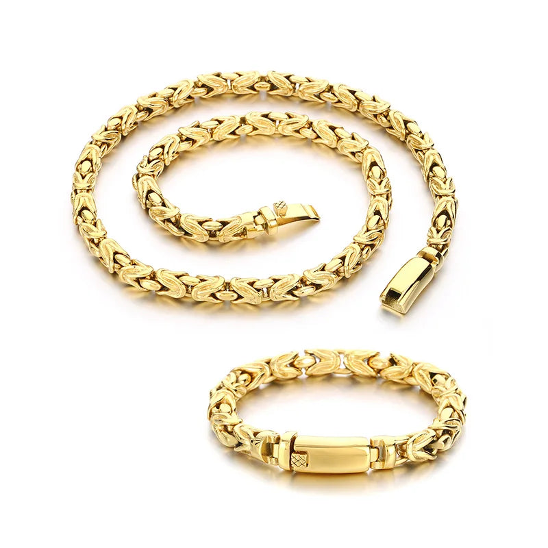 KALEN Gothic Stainless Steel Byzantine Links Fashion Bracelet&Necklace Jewelry Men's Sets