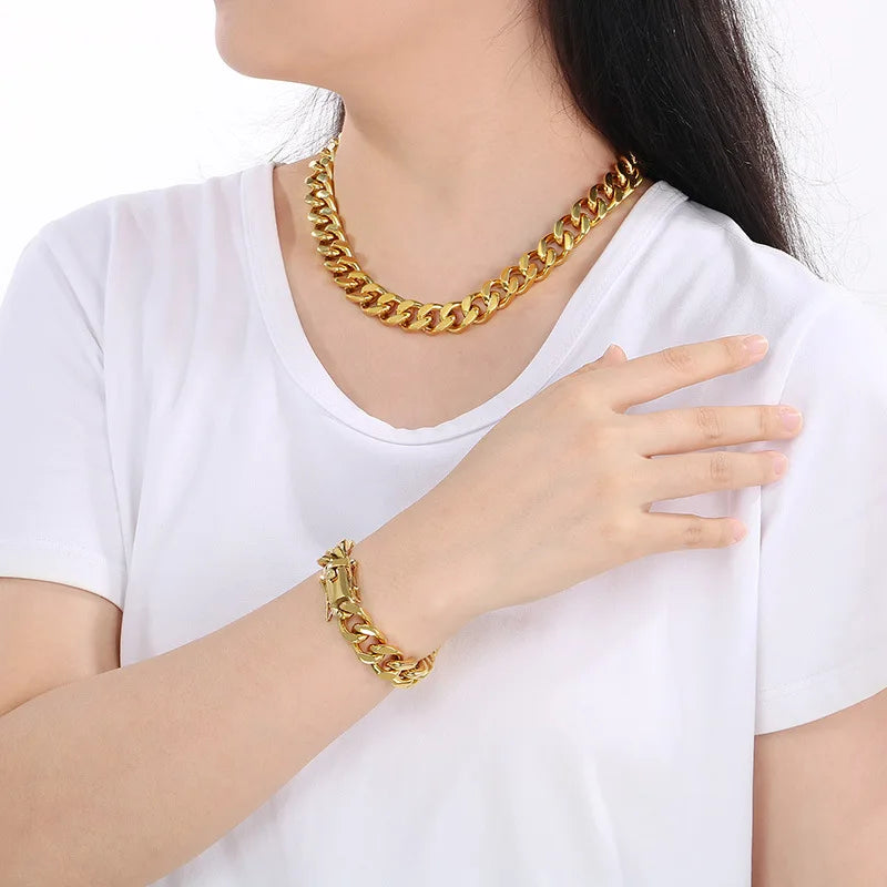 REBEL European American Hip-Hop 18K Gold-Plated 12mm Four-Sided Grind Cuban Chain Stainless Steel Fashion Necklaces