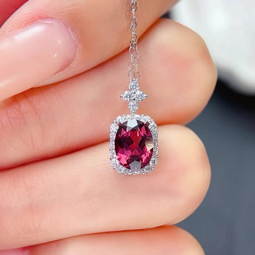Natural Garnet Pendant Necklace 925 Sterling Silver Rhodium Plated Luxury Jewelry for Trendy Engagement Anniversary Party Gifts
