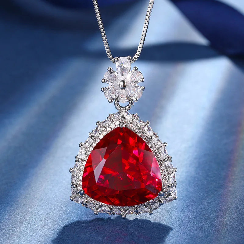 Gemfiori European and American Retro Palace Style Pomegranate Red Zircon Triangular Pendant Ring Earring Fashionable Accessory Set