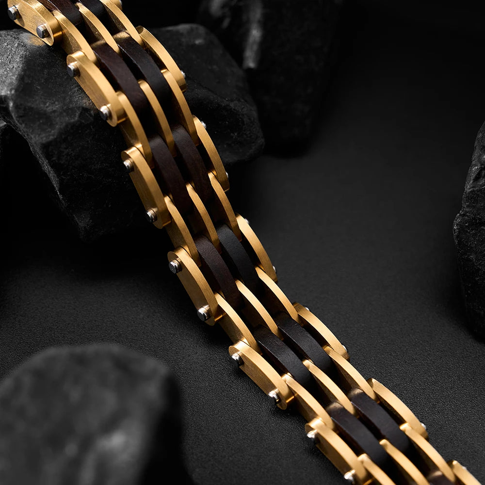 REBEL Luxury Wooden Unisex Stainless Steel Chain Bracelet Vintage Black Zinc Plated Custom Logo Engraving Handmade Fashion Jewelry