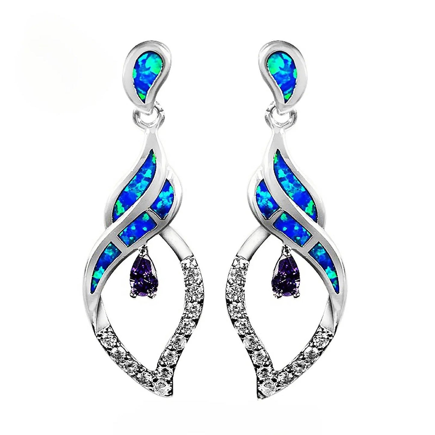 Twisted Opal & Amethyst Drop Earrings - Blue Fire Opal & Purple Crystal Inlaid Design | Glam Evening Jewelry Bulk Gifts