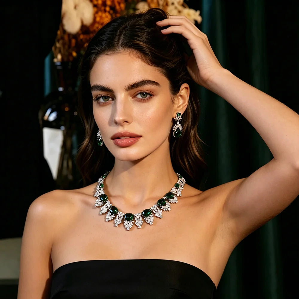 XM S309 Emerald Green & White Zircon Floral Statement Necklace & Drop Earrings Set
