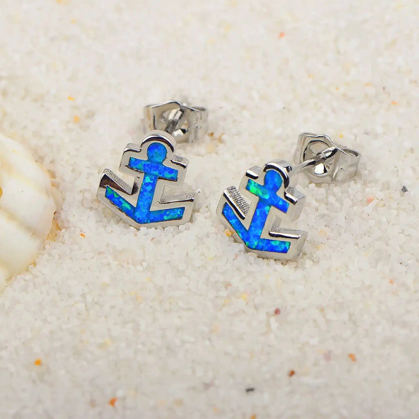 TikTok Ins Hawaiian Viral Blue Opal Anchor Studs  Nautical Ship Vibe Earrings Trendy Jewelry Wholesale