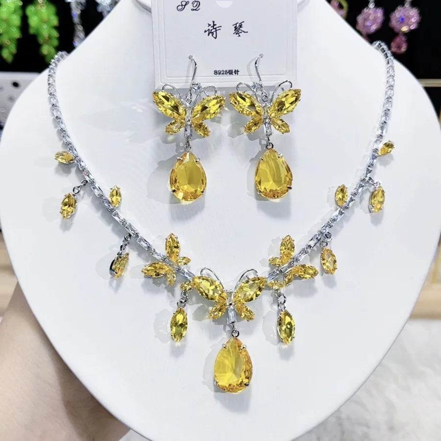 K080 Women Trendy Luxurious Yellow Zircon Butterfly Bridal Necklace Earrings Set Wedding Elegant Jewelry Set