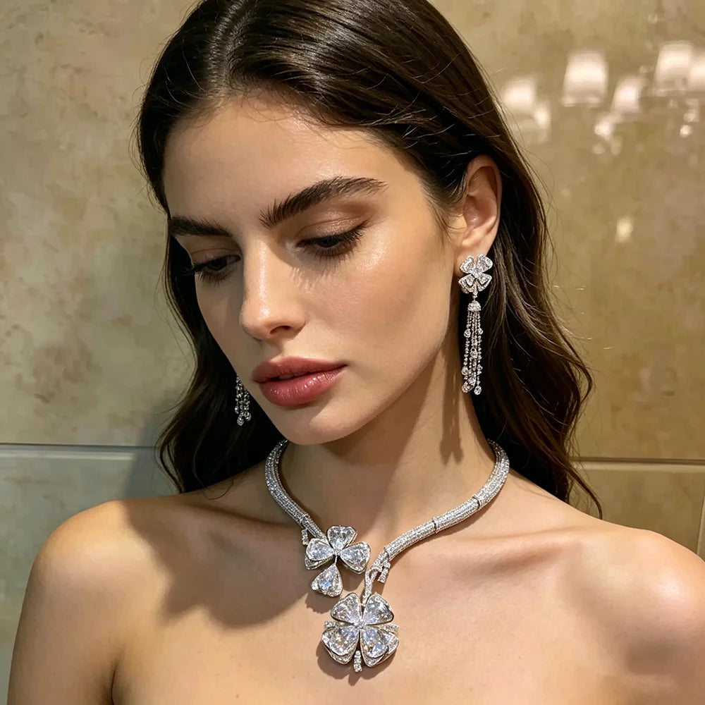 XM S294 Silver Plated Princess Cut Cubic Zirconia Four Leaf Clover Statement Necklace & Earrings Bridal Set
