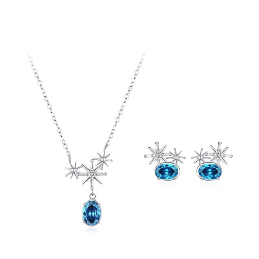 Exquisite 925 Sterling Silver Sparkling Star Studded Earring Necklace Set Fresh Sea Blue Temperament Jewelry Gift Set