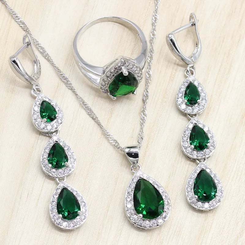 XOTICA Water Drop Zircon Green Stones Jewelry Set Bracelet for Women Platinum Plated Engagement Wedding Party Long Earrings Ring