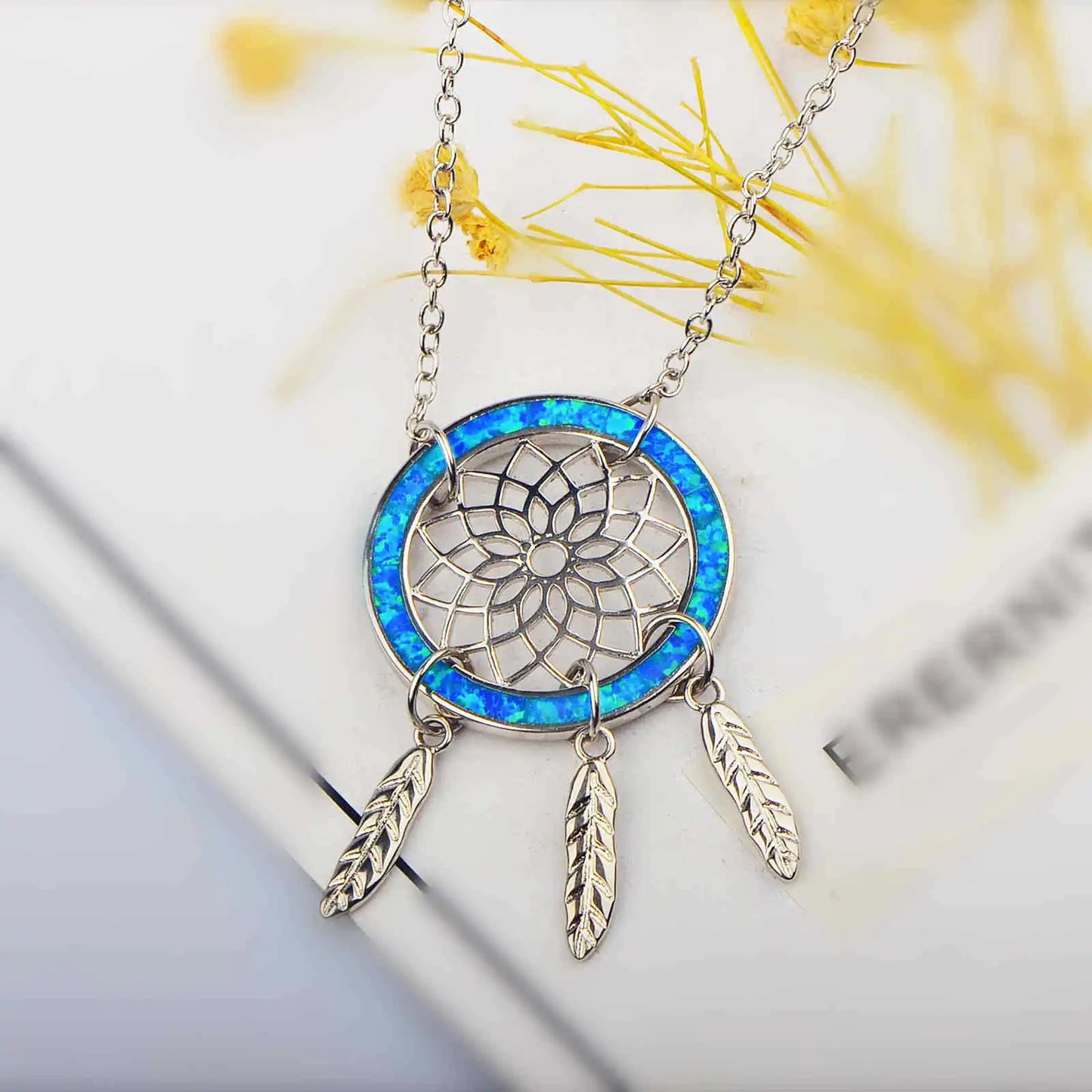 New Cute Blue Opal Bohemian Christian Dreamcatcher Necklace Minimalist Geometric Pendant Silver Plated Copper Box Chain Gift