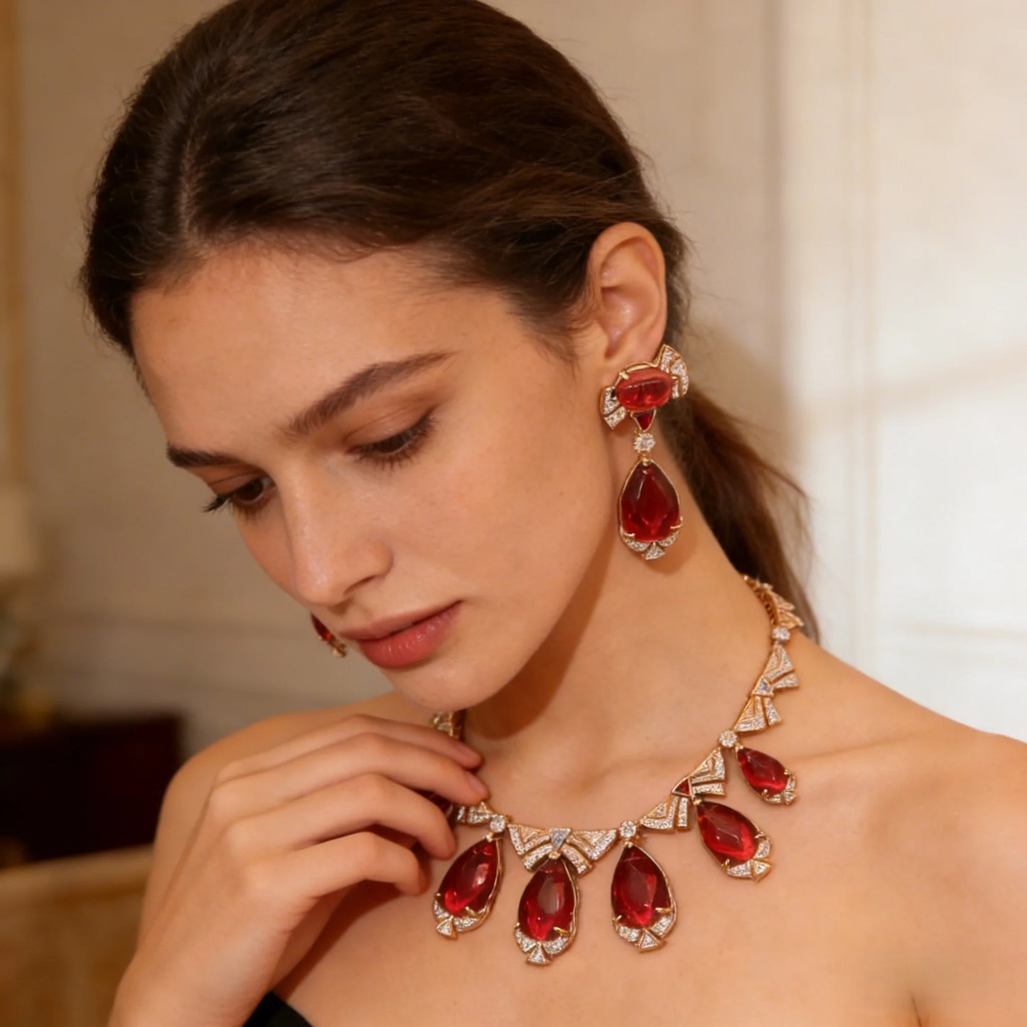 XM S162 Luxury Gold Tone Red Crystal Teardrop Jewelry Set for Women Wedding Party Formal Jewelry