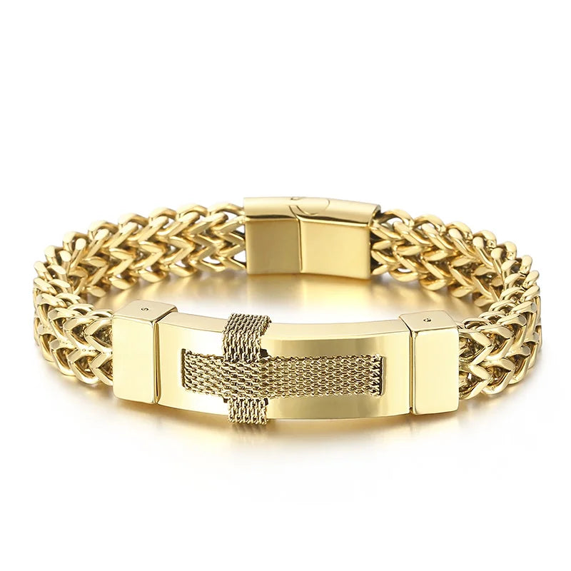 KALEN Men 220mm Silver/Gold/Black Stainless Steel Vintage Herringbone Bracelet With Cross Charm