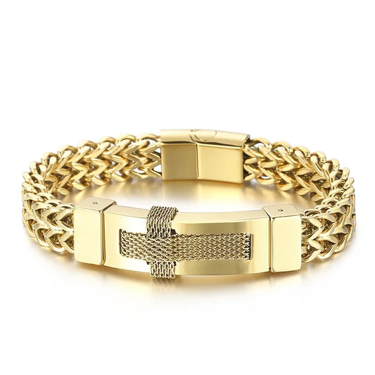KALEN Men 220mm Silver/Gold/Black Stainless Steel Vintage Herringbone Bracelet With Cross Charm