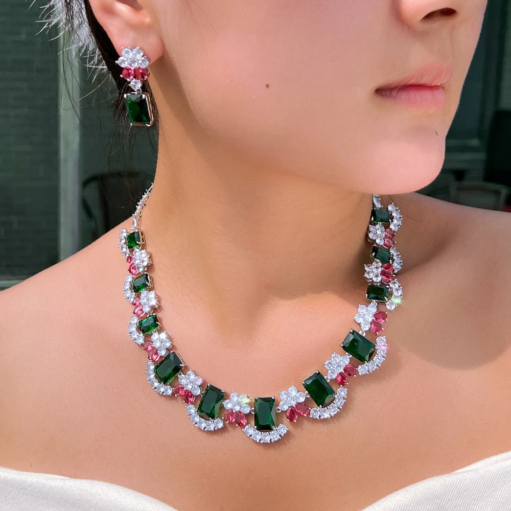 Extravagant Colorful Red Green Necklace and Earrings Rectangle Cubic Zirconia Luxury Wedding Party Jewelry Set for Women