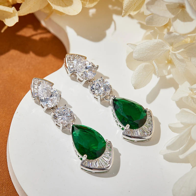 Elegant Women's Brass V-Shaped Necklace Earrings Simple Green Zircon Gemstone Sweater Chain Fashionable Weddings Parties Gifts
